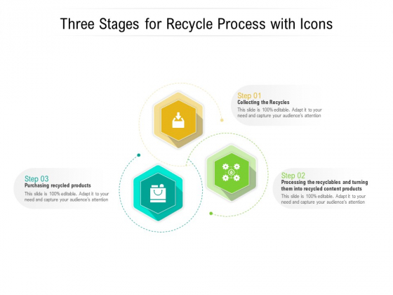 Three Stages For Recycle Process With Icons Ppt PowerPoint Presentation Gallery Backgrounds PDF