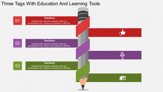 Three Tags With Education And Learning Tools Powerpoint Template