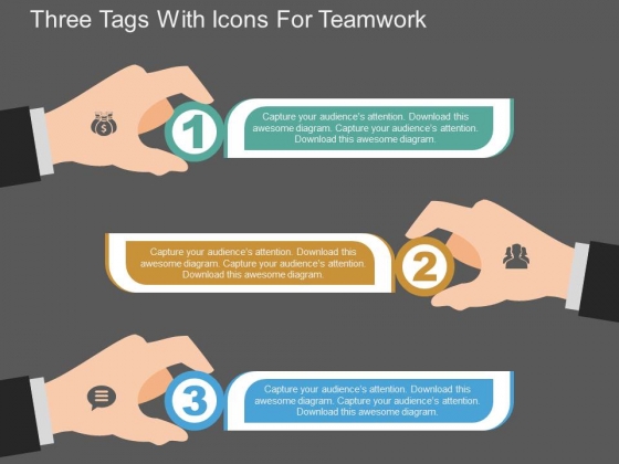 Three Tags With Icons For Teamwork Powerpoint Template
