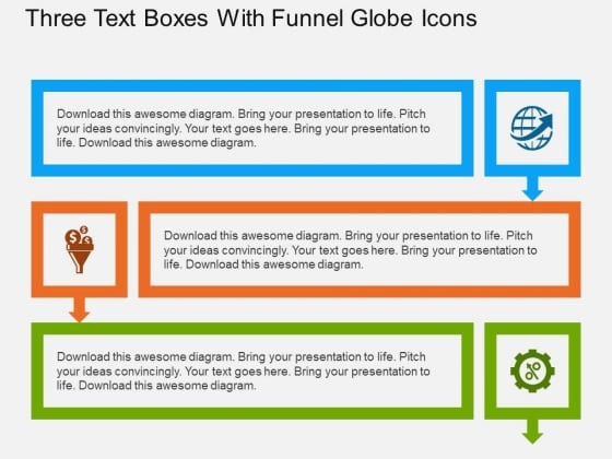Three Text Boxes With Funnel Globe Icons Powerpoint Template Three Text Boxes With Funnel Globe Icons Powerpoint Template