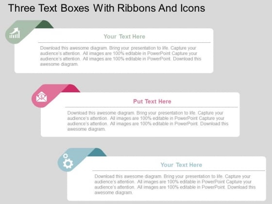 Three Text Boxes With Ribbons And Icons Powerpoint Templates