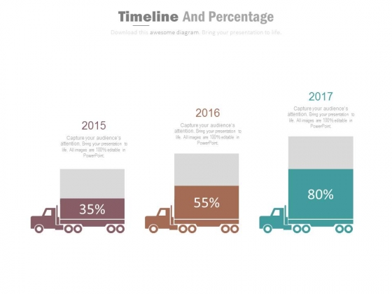 Three Trucks Timeline Diagram With Percentage Value Powerpoint Slides Three Trucks Timeline Diagram With Percentage Value Powerpoint Slides