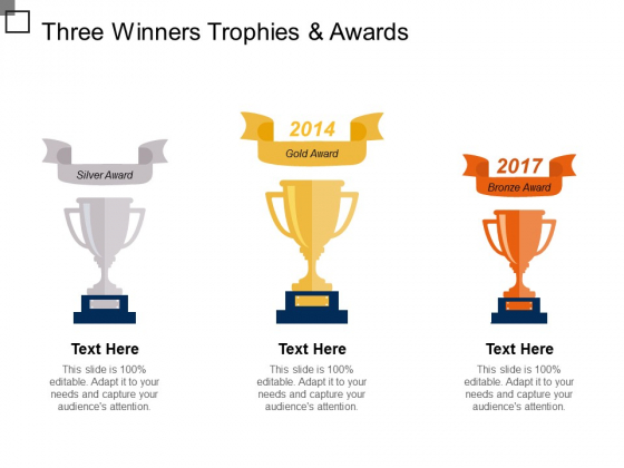 Three Winners Trophies And Awards Ppt PowerPoint Presentation Show Layout