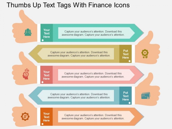 Thumbs Up Text Tags With Finance Icons Powerpoint Template