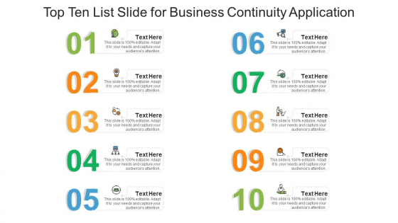 Top Ten List Slide For Business Continuity Application Ppt PowerPoint Presentation Outline Example Introduction PDF