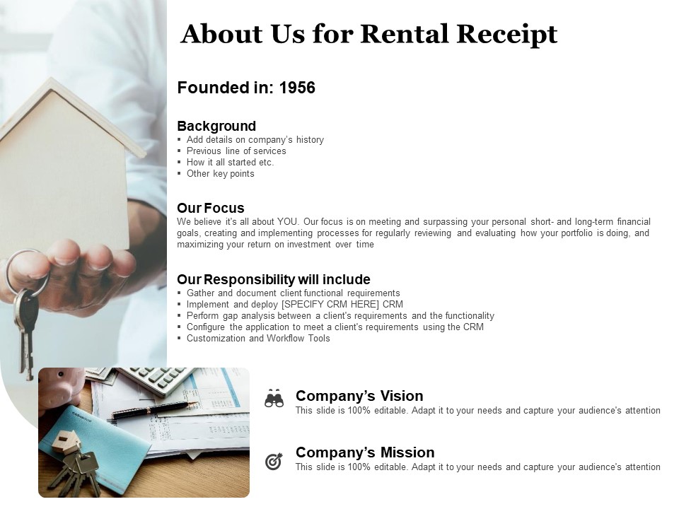 Tracking Rent Receipt Invoice Summary About Us For Rental Receipt Ppt Model Slide PDF