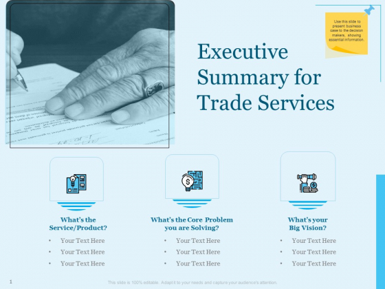 Trade Facilitation Services Executive Summary For Trade Services Ppt Ideas Show PDF