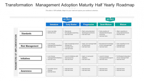 Transformation Management Adoption Maturity Half Yearly Roadmap Icons
