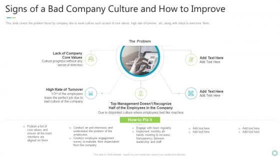 Transforming Organizational Processes And Outcomes Signs Of A Bad Company Culture And How To Improve Ppt Gallery Slide Portrait PDF Transforming Organizational Processes And Outcomes Signs Of A Bad Company Culture And How To Improve Ppt Gallery Slide Portrait PDF