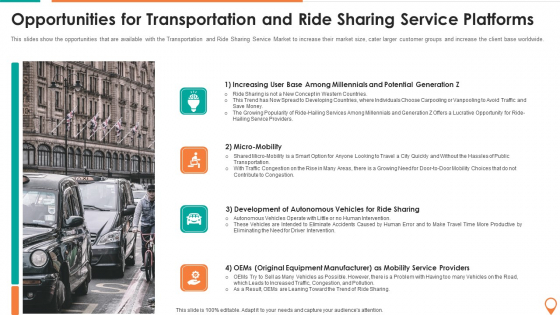 Transportation And Carpooling Services Investor Funding Pitch Deck Opportunities For Transportation And Ride Summary PDF