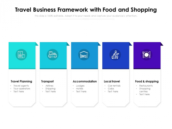 Travel Business Framework With Food And Shopping Ppt PowerPoint Presentation Gallery Design Templates PDF Travel Business Framework With Food And Shopping Ppt PowerPoint Presentation Gallery Design Templates PDF