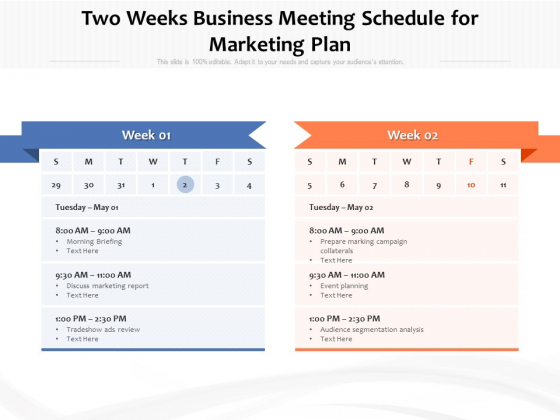 Two Weeks Business Meeting Schedule For Marketing Plan Ppt PowerPoint Presentation Slides Summary PDF Two Weeks Business Meeting Schedule For Marketing Plan Ppt PowerPoint Presentation Slides Summary PDF