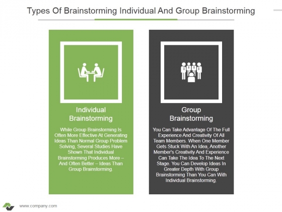 Types Of Brainstorming Individual And Group Brainstorming Ppt PowerPoint Presentation Inspiration Deck Types Of Brainstorming Individual And Group Brainstorming Ppt PowerPoint Presentation Inspiration Deck