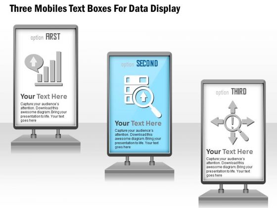 Three Mobiles Text Boxes For Data Display Presentation Template