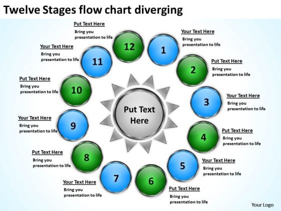 Twelve Stages Flow Chart Diverging Charts And PowerPoint Slides Twelve Stages Flow Chart Diverging Charts And PowerPoint Slides