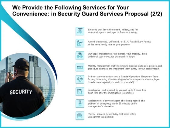 Uniformed Security We Provide The Following Services For Your Convenience In Security Guard Services Proposal Formats PDF Uniformed Security We Provide The Following Services For Your Convenience In Security Guard Services Proposal Formats PDF