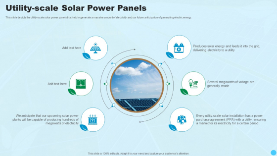 Utility Scale Solar Power Panels Clean And Renewable Energy Ppt PowerPoint Presentation Icon Templates PDF