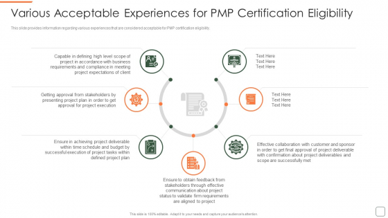 Various Acceptable Experiences For Pmp Certification Eligibility Brochure PDF