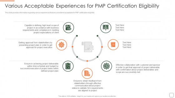 Various Acceptable Experiences For Pmp Certification Eligibility Brochure PDF Various Acceptable Experiences For Pmp Certification Eligibility Brochure PDF