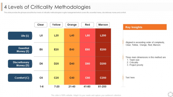 Various Agile Methodologies 4 Levels Of Criticality Methodologies Ppt Portfolio Icons PDF