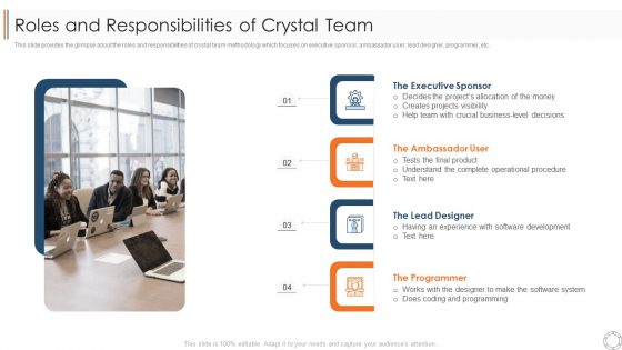 Various Agile Methodologies Roles And Responsibilities Of Crystal Team Ppt Portfolio Skills PDF Various Agile Methodologies Roles And Responsibilities Of Crystal Team Ppt Portfolio Skills PDF