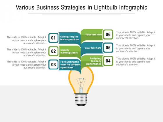 Various Business Strategies In Lightbulb Infographic Ppt PowerPoint Presentation Ideas Slideshow PDF Various Business Strategies In Lightbulb Infographic Ppt PowerPoint Presentation Ideas Slideshow PDF