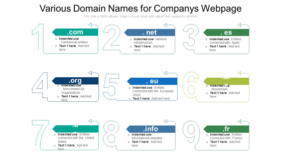 Various Domain Names For Companys Webpage Ppt Layouts Images PDF