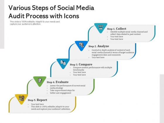 Various Steps Of Social Media Audit Process With Icons Ppt PowerPoint Presentation File Background Image PDF