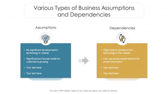 Various Types Of Business Assumptions And Dependencies Ppt Model Slideshow PDF Various Types Of Business Assumptions And Dependencies Ppt Model Slideshow PDF