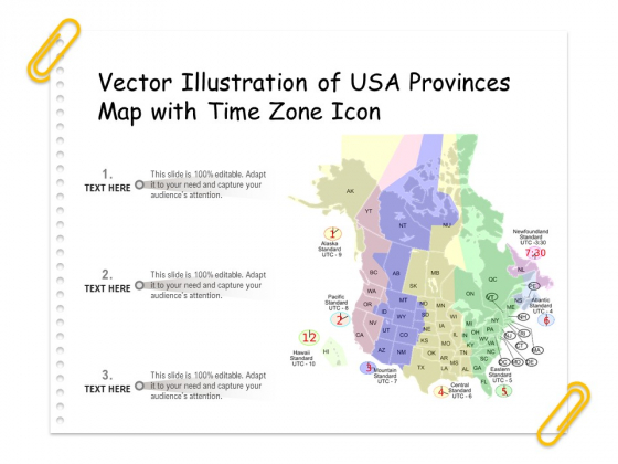 Vector Illustration Of USA Provinces Map With Time Zone Icon Ppt PowerPoint Presentation Gallery Information PDF