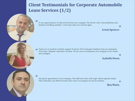 Vehicle Leasing Client Testimonials For Corporate Automobile Lease Services Structure PDF