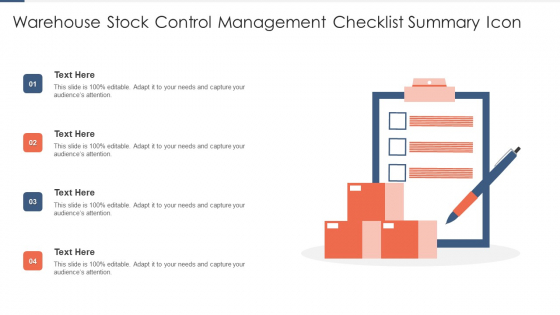 Warehouse Stock Control Management Checklist Summary Icon Brochure PDF