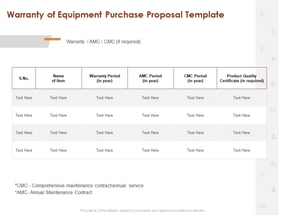 Warranty Of Equipment Purchase Proposal Template Ppt Show Graphic Images PDF