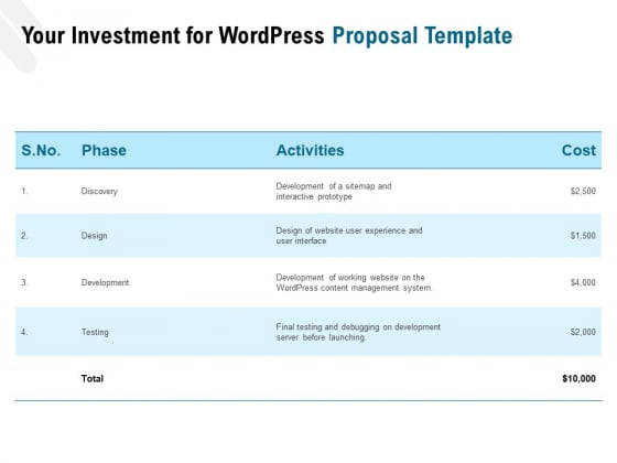 Web Based User Interface Your Investment For Wordpress Proposal Ppt Portfolio Show PDF Web Based User Interface Your Investment For Wordpress Proposal Ppt Portfolio Show PDF