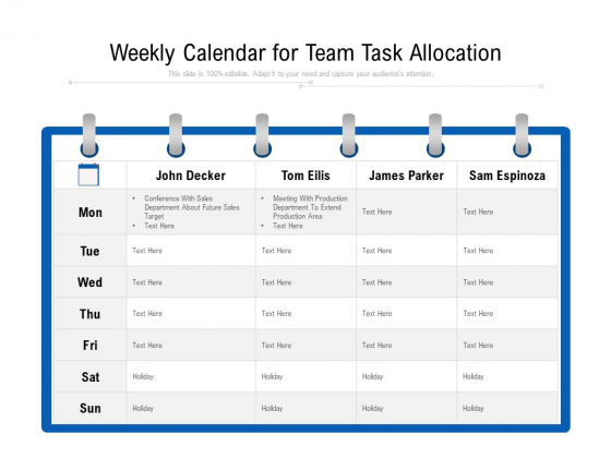 Weekly Calendar For Team Task Allocation Ppt PowerPoint Presentation Gallery Templates PDF Weekly Calendar For Team Task Allocation Ppt PowerPoint Presentation Gallery Templates PDF