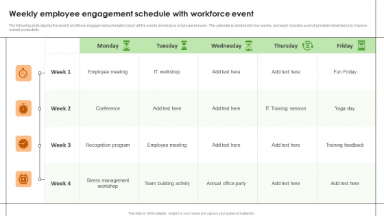 Weekly Employee Engagement Schedule With Workforce Event Designs PDF