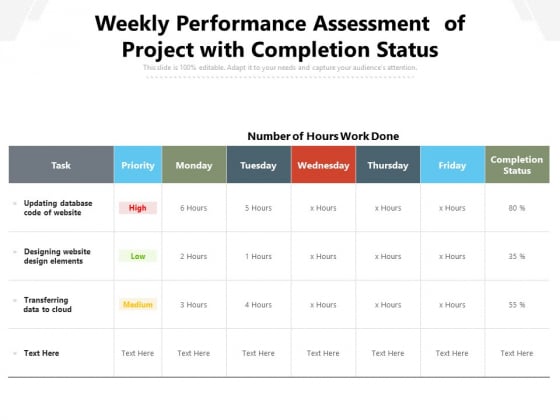 Weekly Performance Assessment Of Project With Completion Status Ppt PowerPoint Presentation Show Templates PDF Weekly Performance Assessment Of Project With Completion Status Ppt PowerPoint Presentation Show Templates PDF