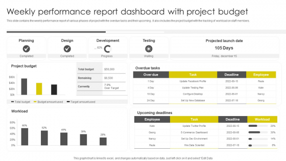 Weekly Performance Report Dashboard With Project Budget Download PDF