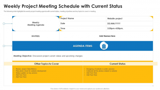 Weekly Project Meeting Schedule With Current Status Ppt Model Background PDF