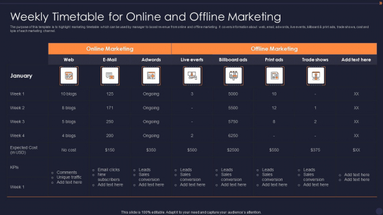 Weekly Timetable For Online And Offline Marketing Inspiration PDF