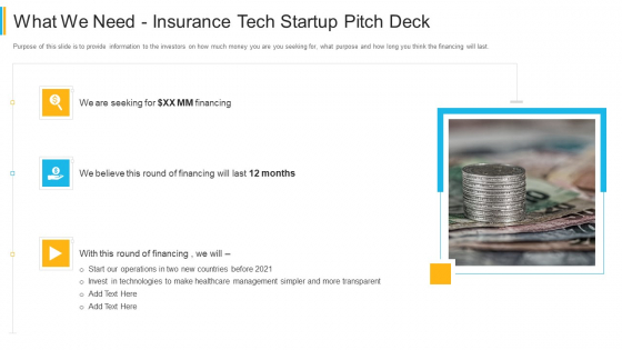 What We Need Insurance Tech Startup Pitch Deck Professional PDF