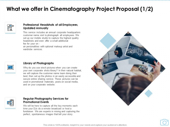 What We Offer In Cinematography Project Proposal Events Ppt Model Graphics Design PDF What We Offer In Cinematography Project Proposal Events Ppt Model Graphics Design PDF