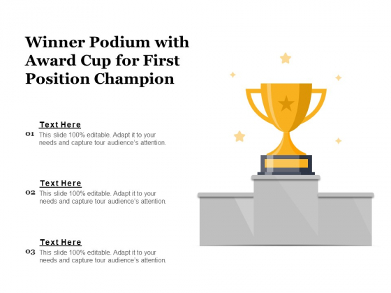 Winner Podium With Award Cup For First Position Champion Ppt PowerPoint Presentation Portfolio Brochure PDF
