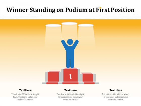 Winner Standing On Podium At First Position Ppt PowerPoint Presentation Slides Portfolio PDF