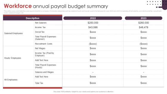 Workforce Annual Payroll Budget Summary Ppt Ideas Summary PDF
