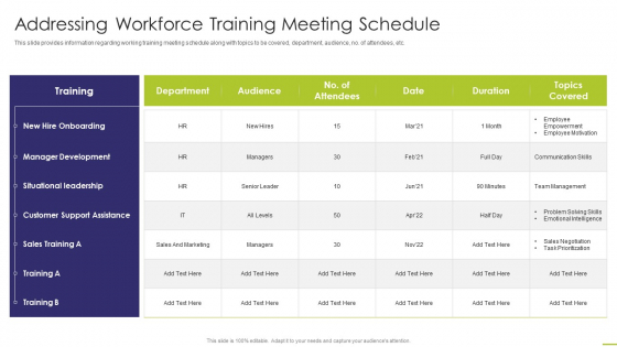Workforce Instruction Playbook Addressing Workforce Training Meeting Schedule Mockup PDF