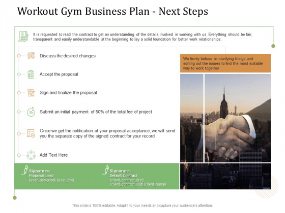 Workout Gym Business Plan Next Steps Ppt Icon Portrait PDF