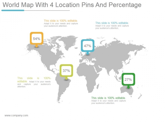 World Map With 4 Location Pins And Percentage Ppt PowerPoint Presentation Infographics