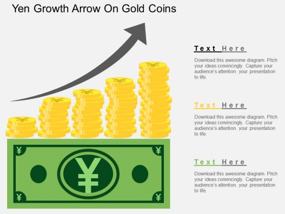 Yen Growth Arrow On Gold Coins Powerpoint Template