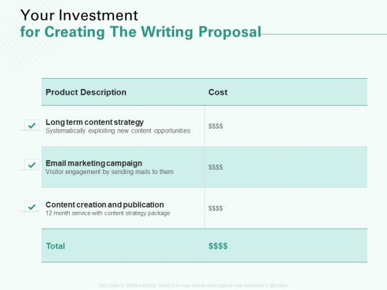 Your Investment For Creating The Writing Proposal Ppt Icon Graphics Pictures PDF Your Investment For Creating The Writing Proposal Ppt Icon Graphics Pictures PDF